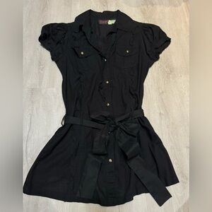 Black Button Down Capped Shirt with Capped Sleeves & Tie Waist - M